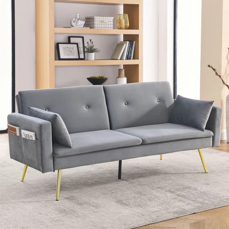 Mercer41 72.5"  Convertible Sofa Bed, Adjustable Velvet Sofa Bed - Velvet Folding Lounge Recliner - Reversible Daybed  - Ideal For Bedroom With Two Pillows And Center Leg