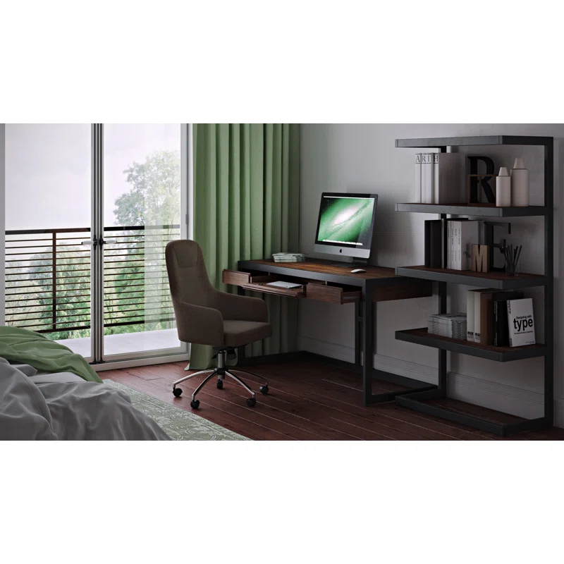 Simpli Home Erina 48"W Solid Acacia Wood Small Desk, Industrial Style with Keyboard Tray and 2 Drawers