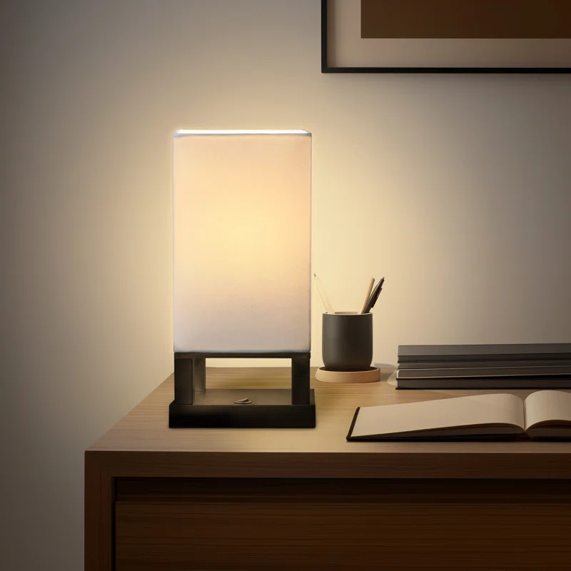 Brightech Maxwell 14 in. Mid-Century Modern LED Bedside Table Lamp with Fabric Square Shade