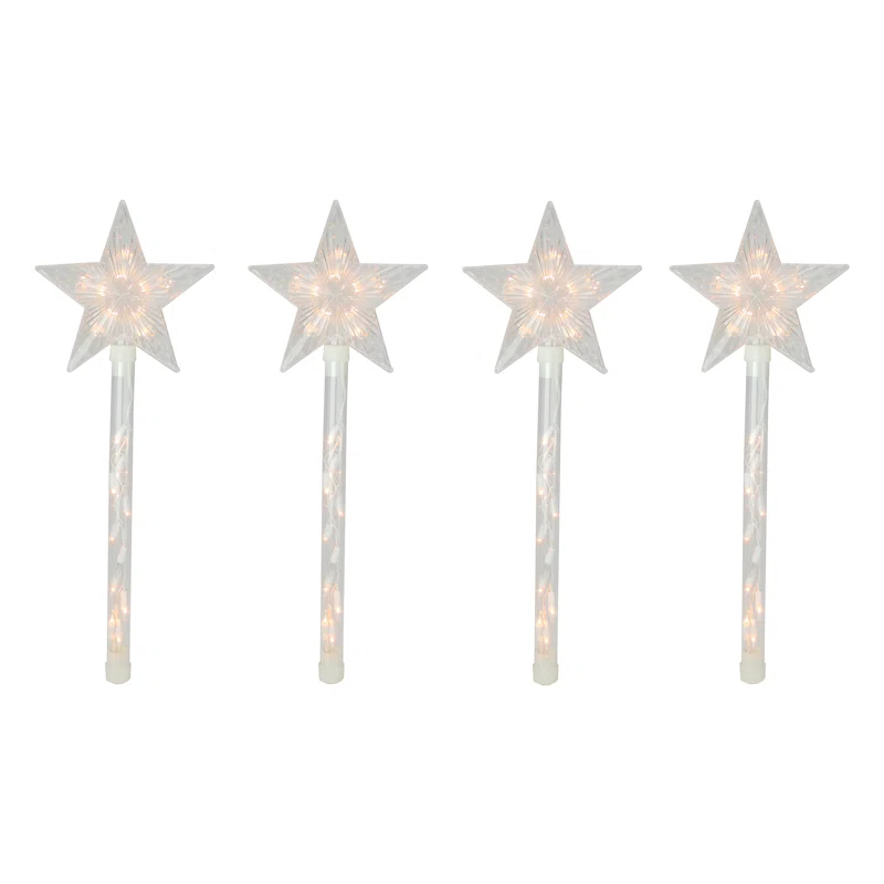 Northlight Seasonal Lighted Star Christmas Pathway Marker with Lawn Stakes White Wire - Clear Lights (Set of 4)