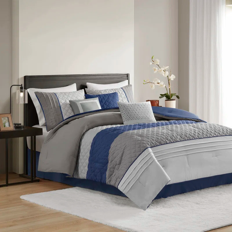 Madison Park Jenson 7 Piece Color Block Stripe Comforter Set with Throw Pillows