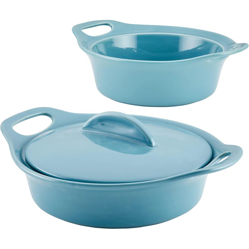 Adeco Trading Solid Glaze Ceramics Casserole Bakeware/Baker Set With Shared Lid, 3 Piece