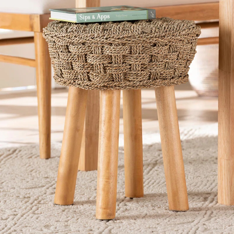 Highland Dunes Aafrin Bali & Pari Denver Modern Bohemian Natural Seagrass And Acacia Wood Stool
