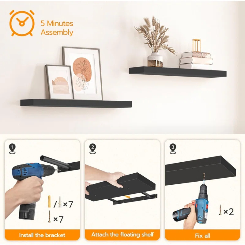 Floating Shelves Wall Mounted Set Of 2, Rustic Wood Wall Storage Shelves For Bedroom,Living Room,Bathroom, Kitchen