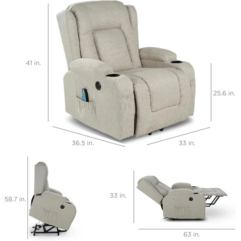 Hokku Designs Modern Linen Electric Power Lift Chair, Recliner Massage Chair, Adjustable Furniture for Back, USB Port, Heat, Cupholders