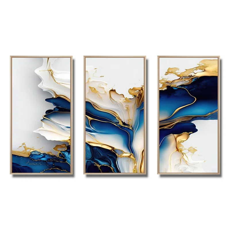 " Abstract Geode Gold And Blue Marble Shape III " 3 - Pieces