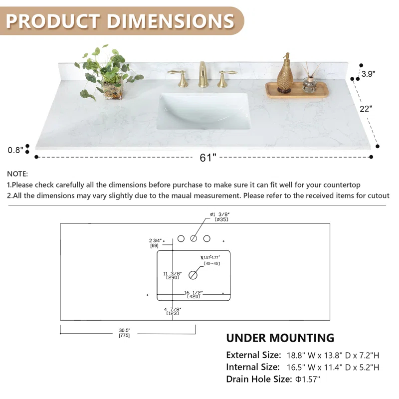 Altair Ceres 61" Engineered Stone Single Bathroom Vanity Top with Sink