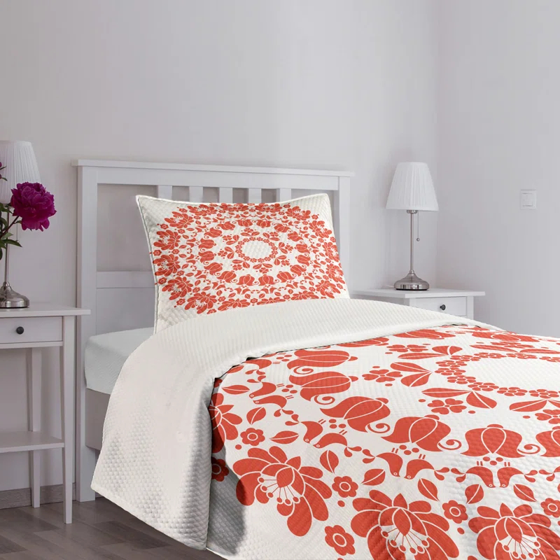 Ambesonne Ambesonne Mandala Bedspread Set Hungarian Round Folk Art White and Vermilion