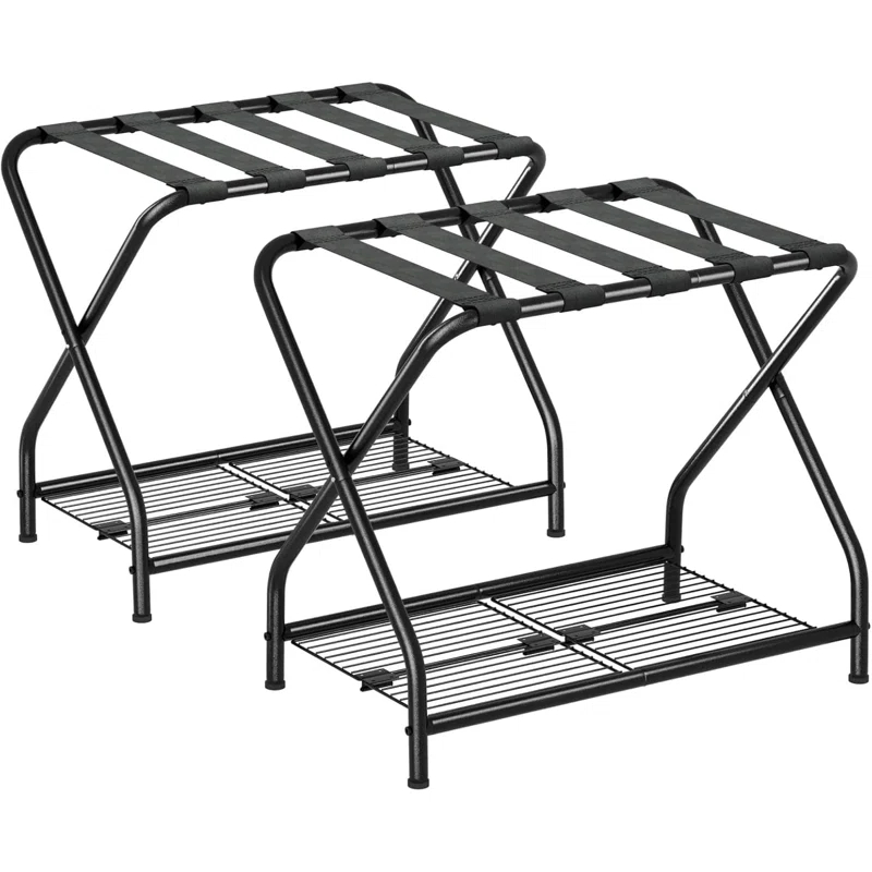A Home Rack Set Of 2, Foldable Suitcase Stand With Storage Shelf, Metal Luggage Holder For Guest Room, Bedroom