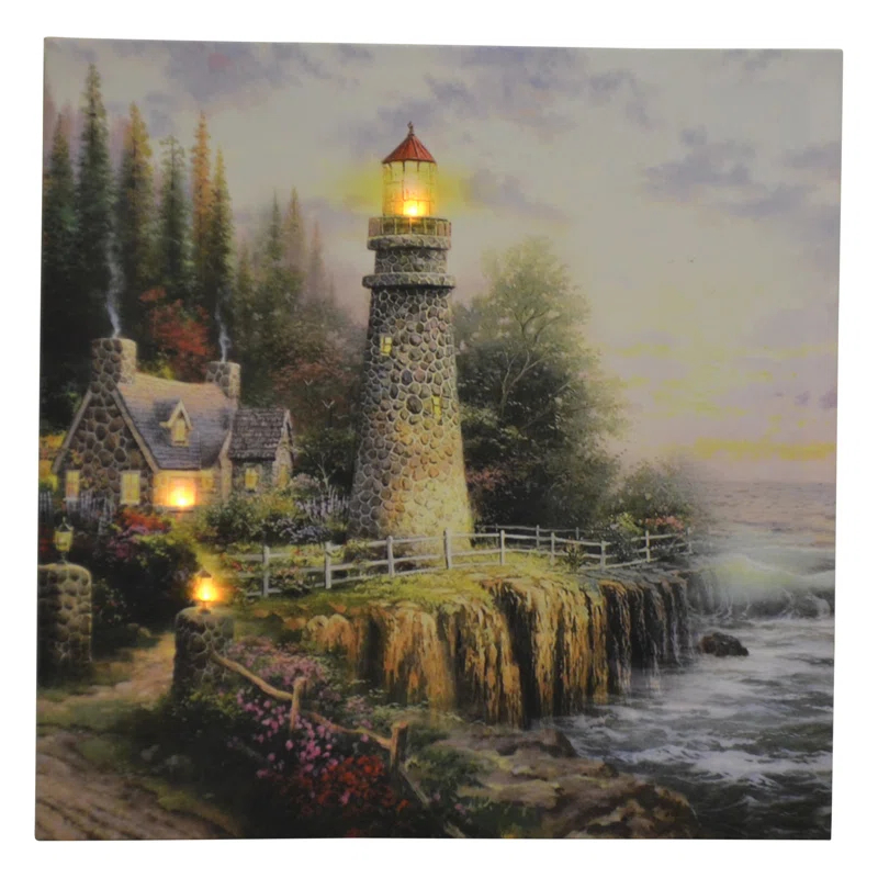 Three Star Im/Ex Inc. Lighthouse and Cottage LED Enhanced Canvas Print