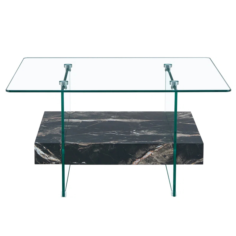 Ivy Bronx 31.4 Inch Modern Two-Tier Square Coffee Table - An Elegant Combination Of Clear Glass And Black Marble Pattern Sticker.It Can Be Used As A Coffee Table,A Side Table Or A Display Stand.