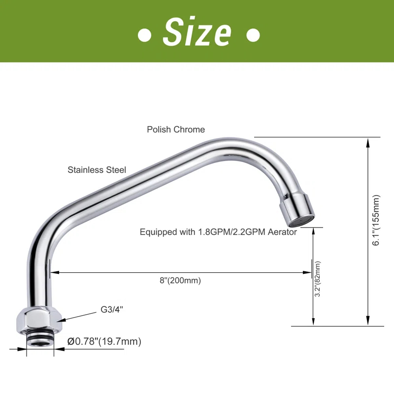 8" Faucet Swing Spout Replacement In Polished Chrome-G3/4 Internal Thread