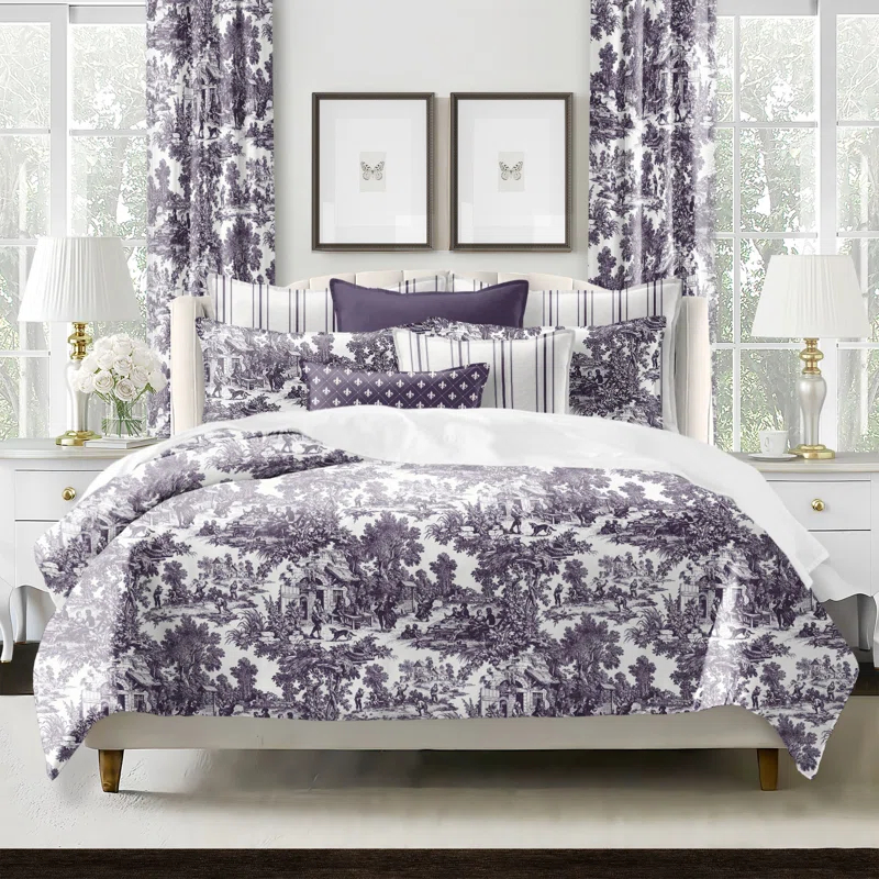 Au Village Toile Eggplant  Cotton Comforter Set 8 Piece