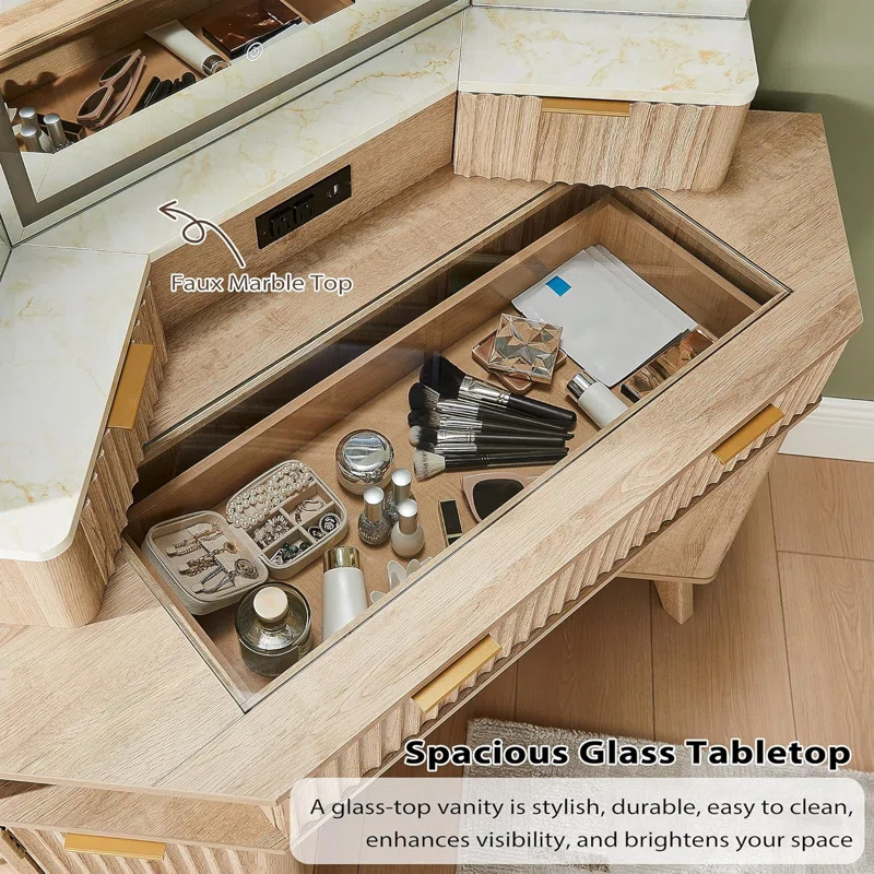 Brayden Studio® Fluted Makeup Vanity Desk with 3 Way Mirror and Lights,48" Large Corner Vanity Table with Glass Top