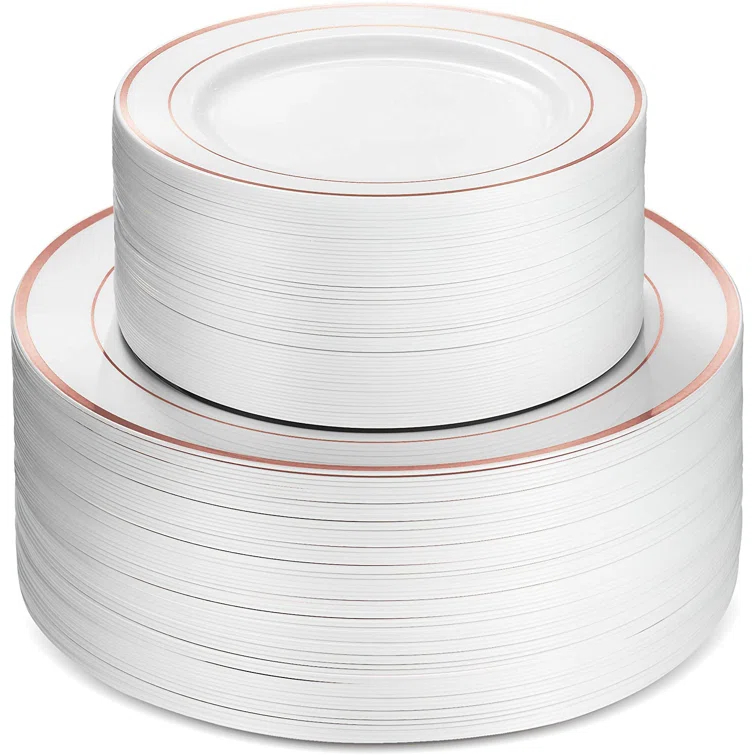 Munfix Rose Gold Rim Plastic Plates Party Supplies Kit for 50 Guests