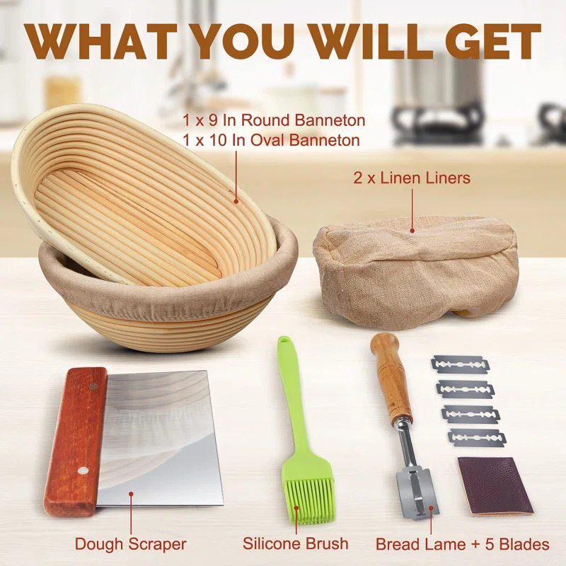 Bread Banneton Proofing Basket Set Of 2, 9 Inch Round & 10 Oval Cane Sourdough Baskets With Lame + Dough Scraper Linen Liner Basting Brush For Making Baking Fermentation