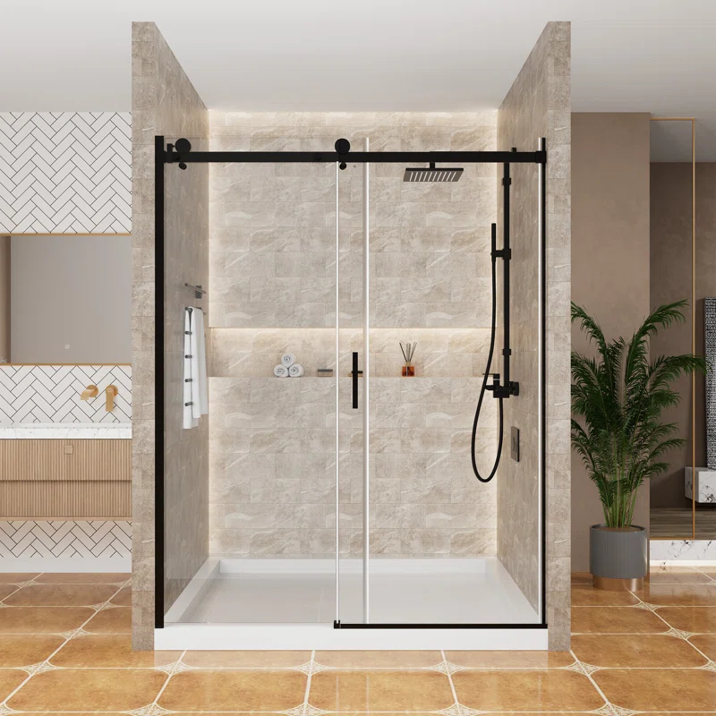 60" W x 76" H Framed Shower Door Single Sliding 10MM Tempered Glass 304 Stainless Steel Accessories