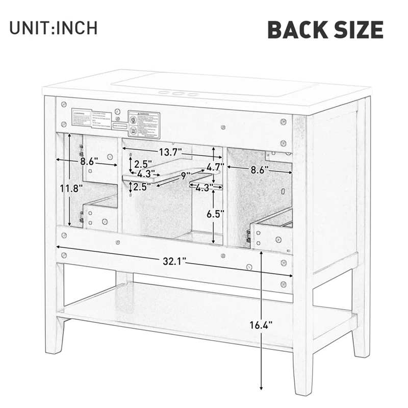 (Base Only) 36" Bathroom Vanity Without Sink, 1 Cabinet And Three Drawers