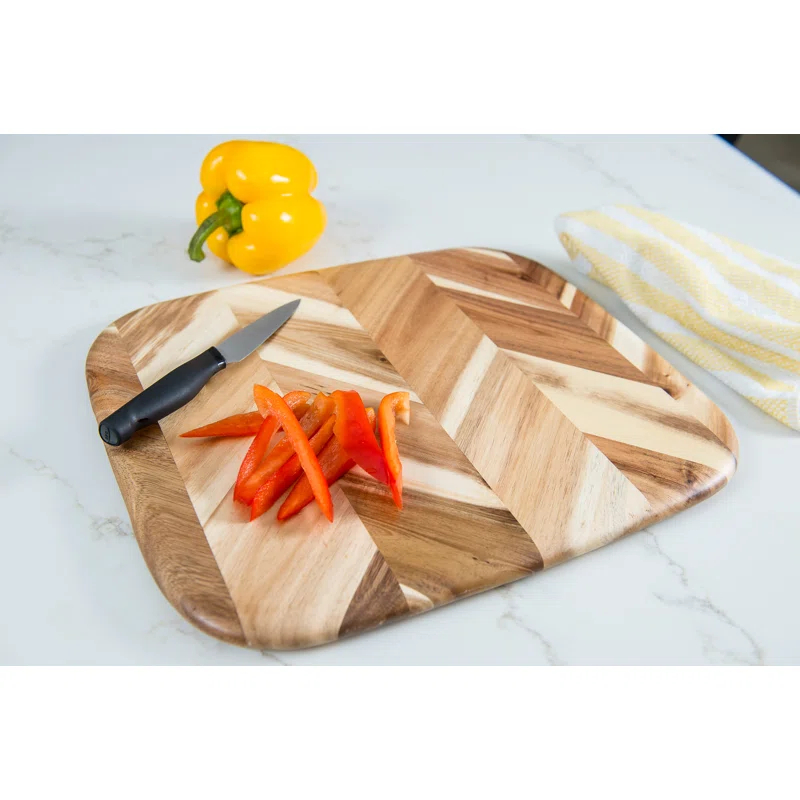 Lipper International Acacia Herringbone Rounded Edge Cutting/Serve Board With Inset Handles, Small