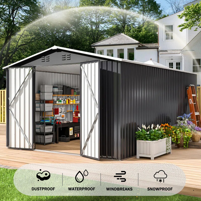10 ft. W x 14 ft. D Outdoor Metal Shed Storage with Updated Frame Structure and Lockable Doors