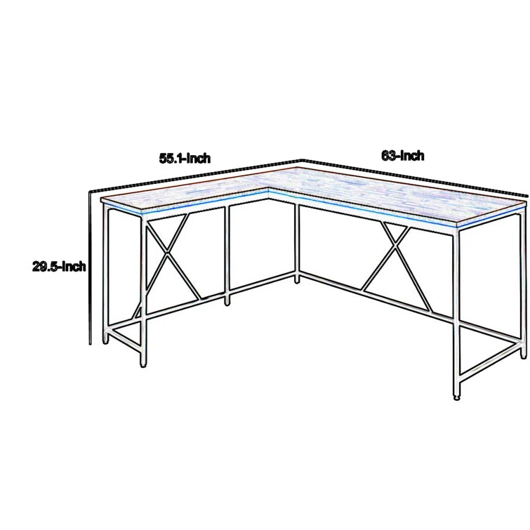 Benjara Posy Corner Desk, L Shaped Black Metal Frame, X Crossed, Wood Top