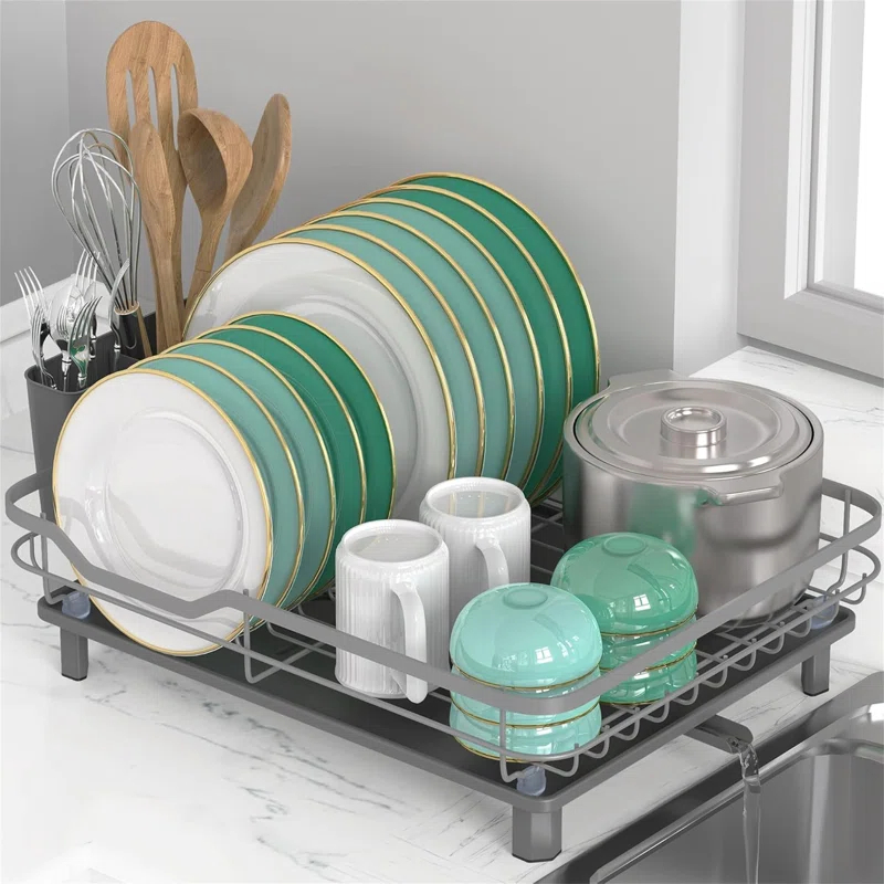 R&M Furniture Stainless Steel Rustproof Dish Drying Rack - Sturdy Dish Drainer for Kitchen Countertops with Drainer Plate, Multifunctional Design, Suitable for a Variety of Kitchen Utensils, Dimensions 16.2“ (L) x 12.6” (W)