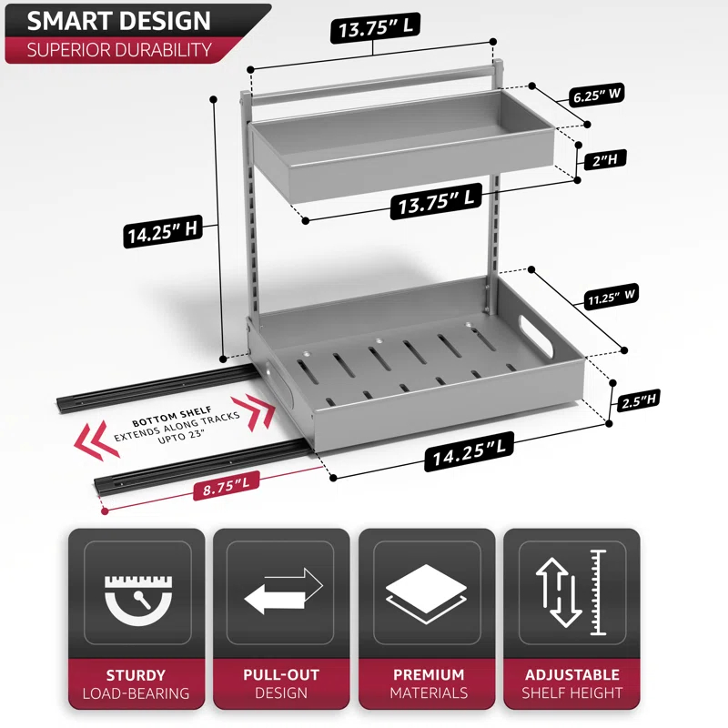 Sorbus Sorbus Under Sink Organizer with Sliding Tracks and Adhesive Tape - 2-Tier Pull-Out Storage Rack for Kitchen and Bathroom - No Drill Under Sink Organization Storage Cabinet Shelf, Set of 2