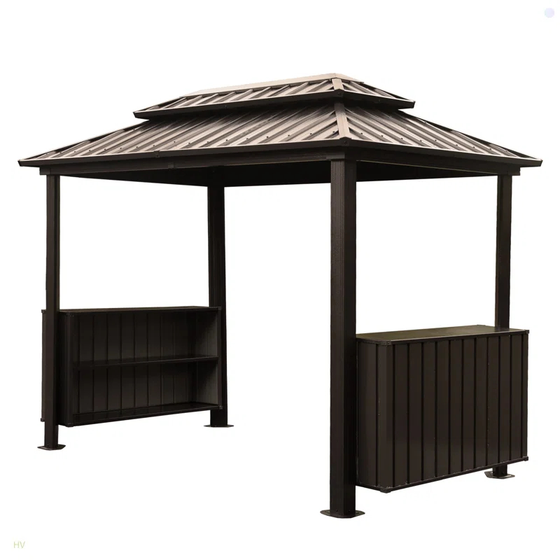 HomeViewto Hardtop Grill Gazebo, Outdoor BBQ Gazebo With Double Galvanized Steel Roof, Patio Grill Canopy With 2 Cabinets And Ceiling Hooks For Backyard, Lawn, Garden