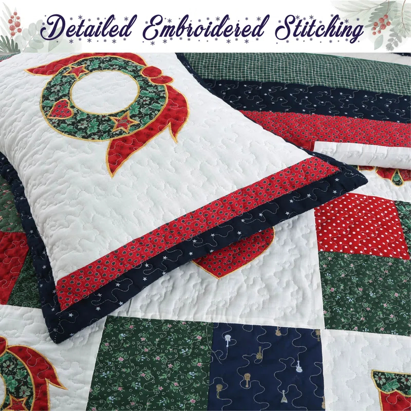 Cozy Line Home Fashion Happy Christmas Christmas Reversible Farmhouse Country Quilt Set
