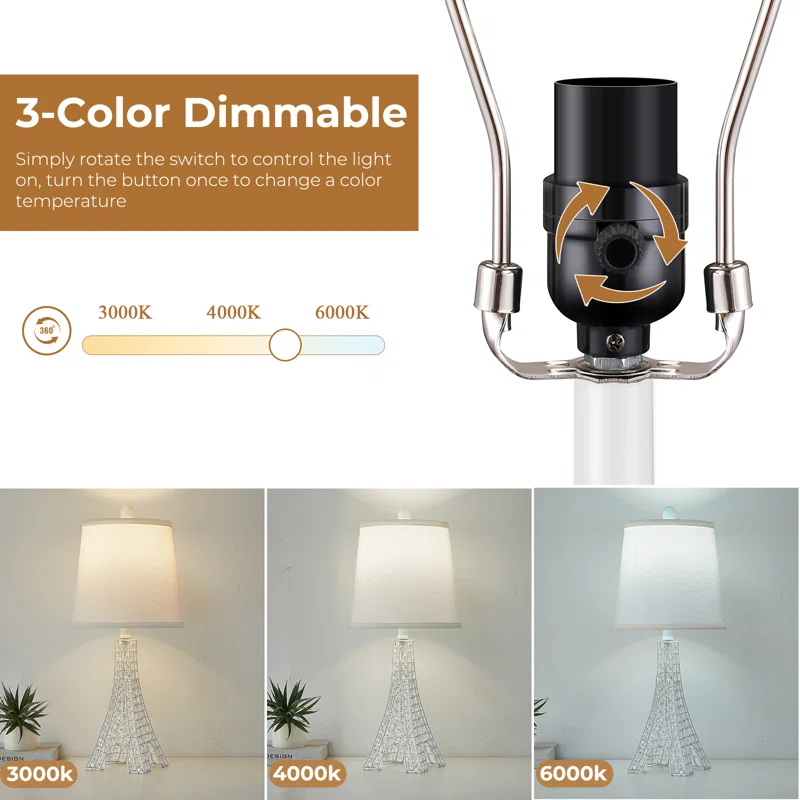 Khrysten 24" Modern Crystal Table Lamp Paris Tower Base with 3-Color Temperature Bedside Table Lamp (Bulbs Included) (Set of 2)