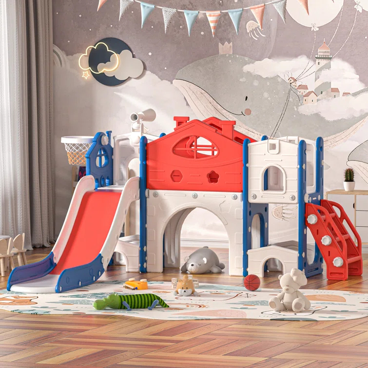 ningbolubikejiyouxiangongsi Kids Slide Playset With Climber, Toddlers Freestanding Castle With Basketball, Storage Area, Tunnel For Indoors And Outdoors, Gift For Children