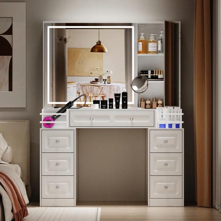 Ivy Bronx Vanity Desk With Mirror And Lights, Makeup Vanity With Charging Station & 7 Drawers, White Vanity With 2 Fences, Dressing Table With Hidden Cabinet, For Women Girls, Brightness Adjustable