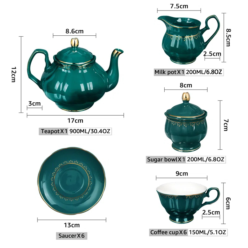 Rosdorf Park Malerba 21 Piece Vintage Porcelain Tea Set, Green With Gold Trim China Coffee Service For 6, Large Teapot, Tea Cup And Saucers Set, Christmas Gifts