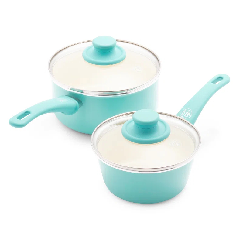 GreenLife GreenLife Soft Grip Healthy Ceramic Nonstick, 1QT And 2QT Saucepan Pot Set With Lids, Dishwasher Safe