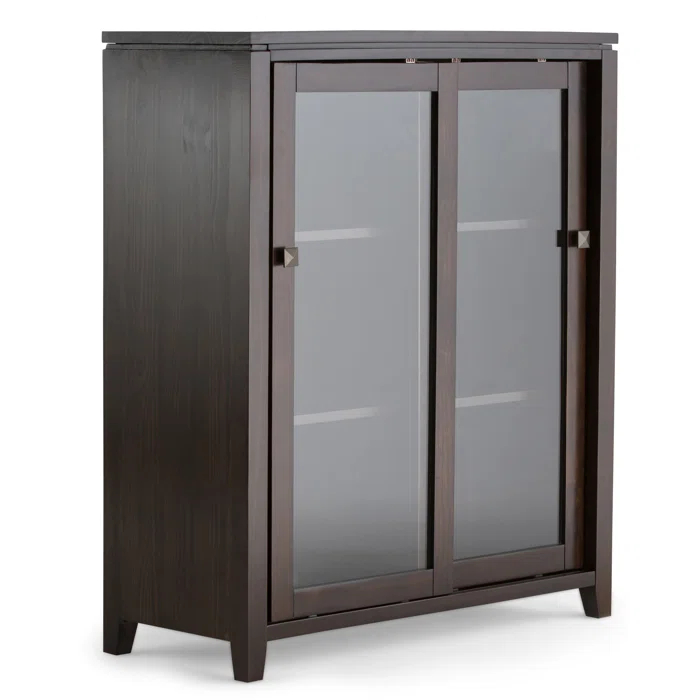 Simpli Home Cosmopolitan 36"W Solid Wood 4-Shelf Contemporary Medium Storage Cabinet with Sliding Glass Doors