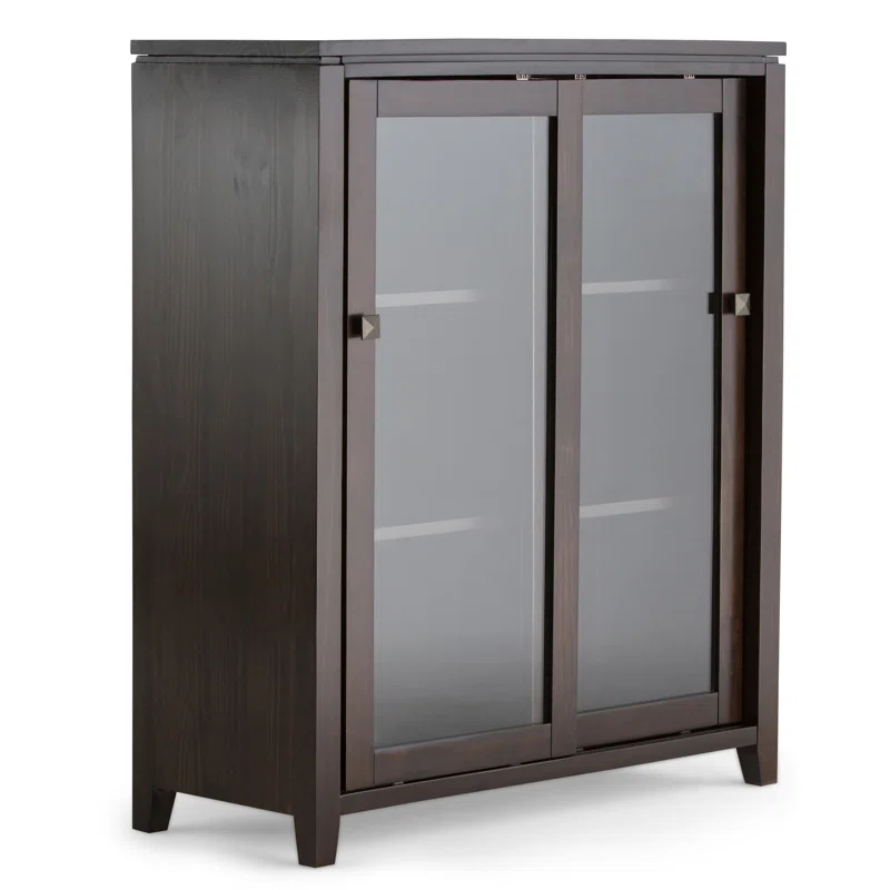 Simpli Home Cosmopolitan 36"W Solid Wood 4-Shelf Contemporary Medium Storage Cabinet with Sliding Glass Doors