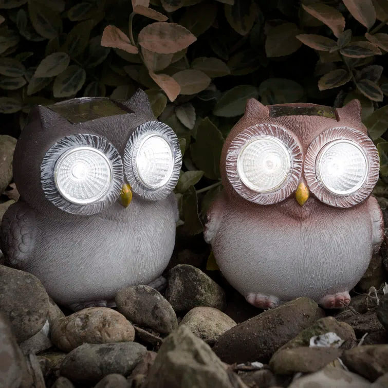 Pure Garden Weather- Resistant Owl Solar LED 2 Piece Light Statue Set- Decoys to Scare Birds Away (Set of 2)