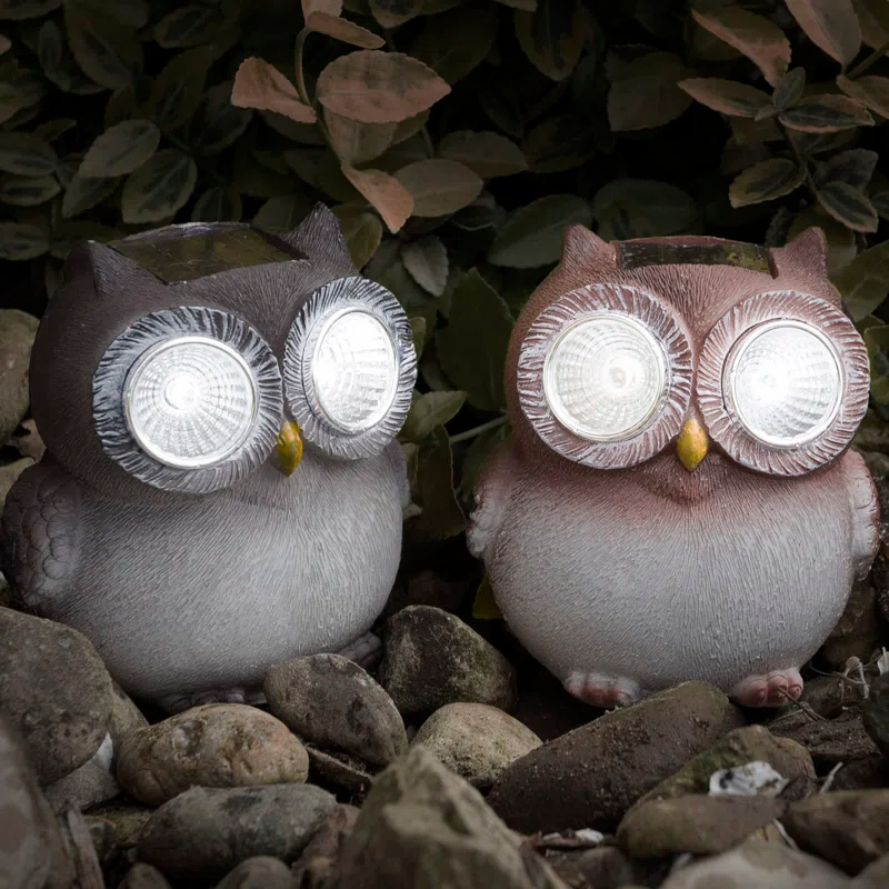 Pure Garden Weather- Resistant Owl Solar LED 2 Piece Light Statue Set- Decoys to Scare Birds Away (Set of 2)