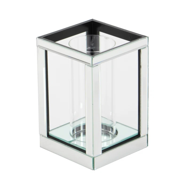 House of Hampton® Glass Pillar Silver Hurricane Lamp with Mirrored Accents
