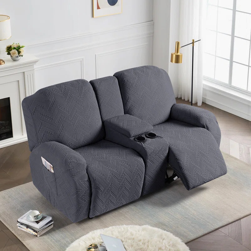 Latitude Run® Box Cushion Recliner Loveseat Slipcovers with Console, Stretch Anti-Slip Reclining Slipcover for 2 Cushion Couch with Pockets