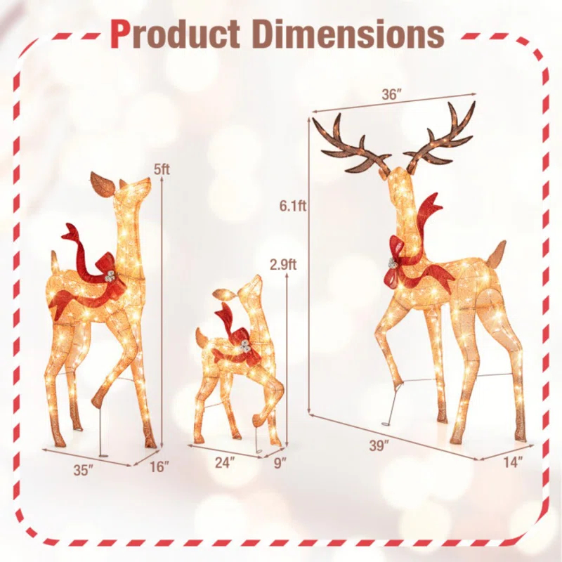 World Menagerie 3 Pcs Large Lighted Christmas Reindeer Family With 440 Led Lights & Bows Buck