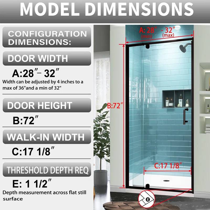 28 - 32 in. W x 71 in. H Pivot Semi-Frameless Sliding Shower Door in Matte Black with Clear SGCC Tempered Glass