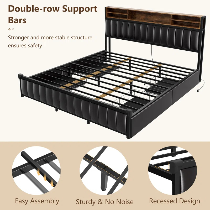 Kanchi Upholstered Metal Platform LED Bed Frame with 4 Storage Drawers and Bookcase Headboard, Black