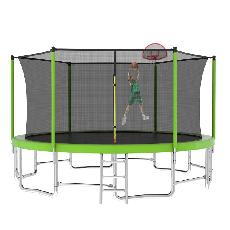 Ceballos 16FT Trampoline With Balance Bar  And  Basketball Hoop And Ball, ASTM Approved Reinforced Type Outdoor Trampoline With Enclosure Net