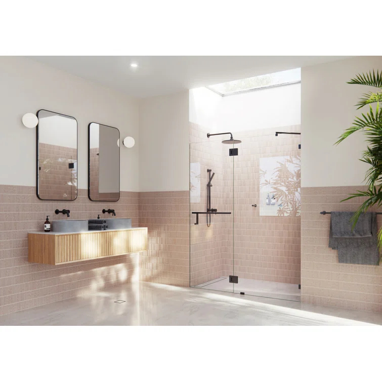 Glass Warehouse Mimas 52.75 in. x 78 in. Fully Frameless Glass Hinge Towel Bar Shower Door TBGH-52-75-MB