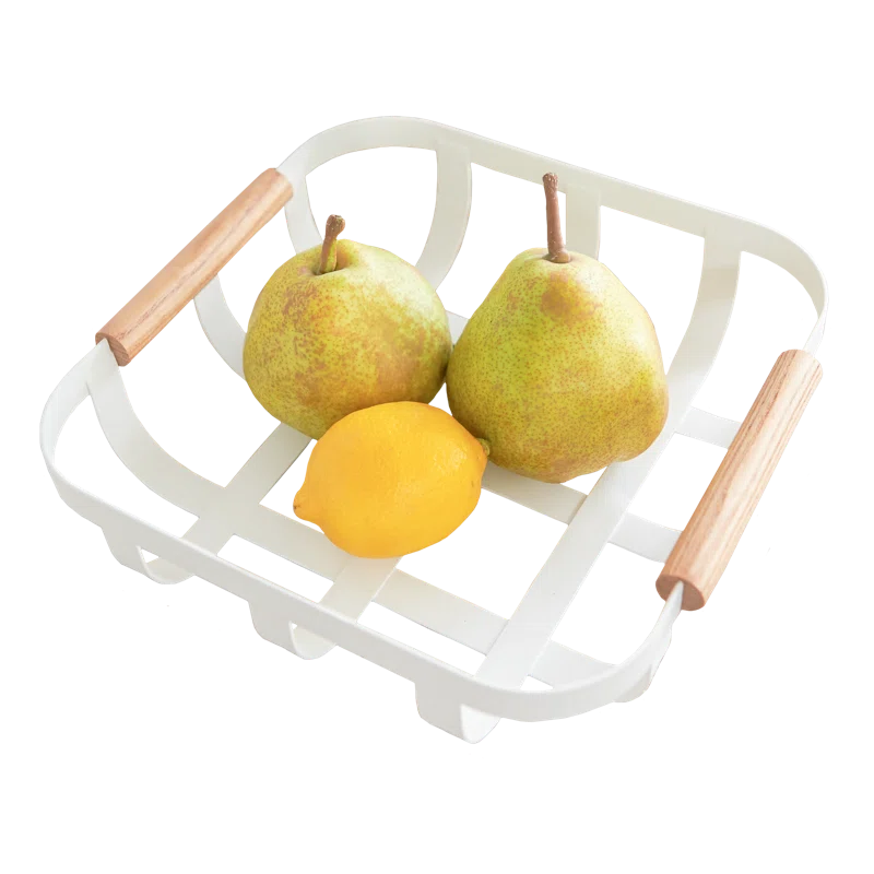 Tosca Yamazaki Home Fruit Basket, Kitchen Decorative Metal Holder Bowl, Steel + Wood, Handles