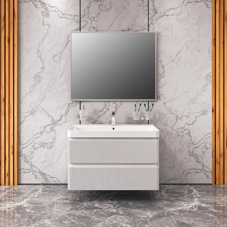 Bath Oasis Modern Wall Mounted Bathroom Vanity With Washbasin | Luxury White Matte Collection | Non Toxic Fire Resistant MDF 36" Diamond Collection 40" | Wayfair