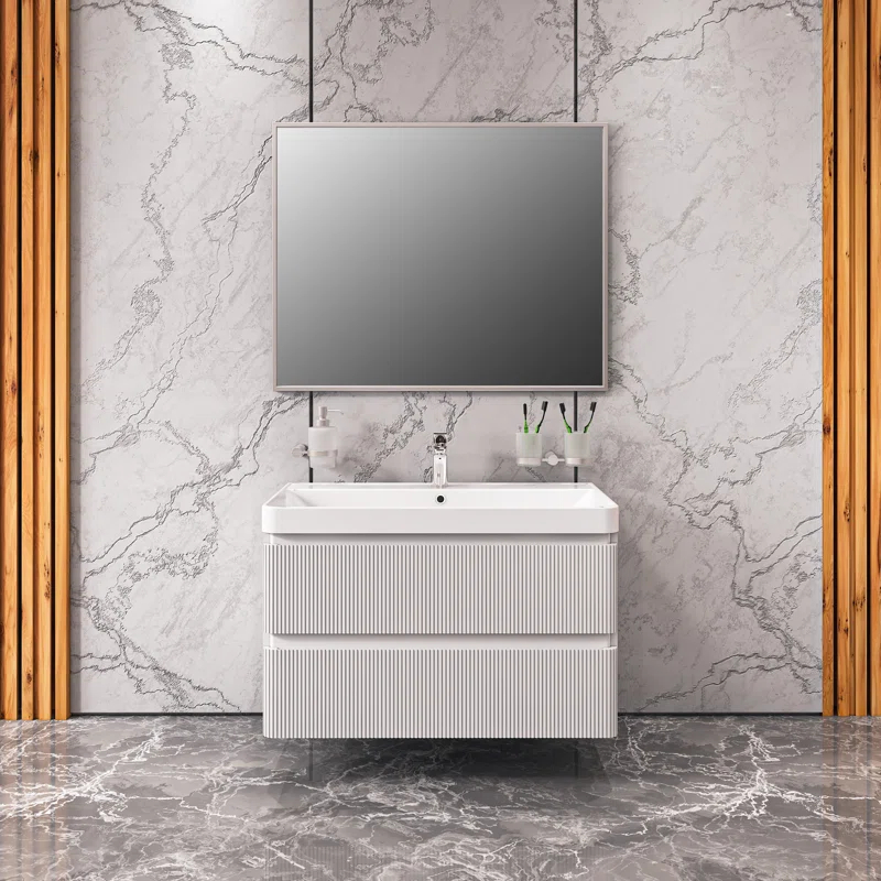 Bath Oasis Modern Wall Mounted Bathroom Vanity With Washbasin | Luxury White Matte Collection | Non Toxic Fire Resistant MDF 36" Diamond Collection 40" | Wayfair