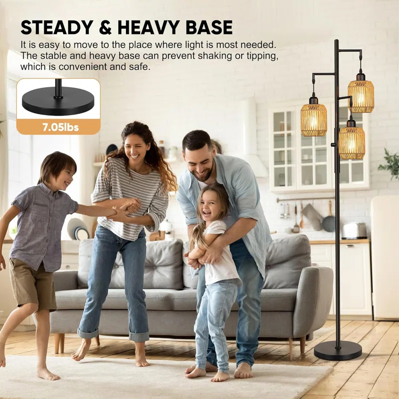 Breakwater Bay Dimmable Boho Floor Lamp - 3 Light Farmhouse Rattan Floor Lamp For Living Room, Industrial Tree Floor Lamps With 3 X 6W LED Bulbs, Rustic Standing Tall Lamp For Bedroom, 68", Black + Gray