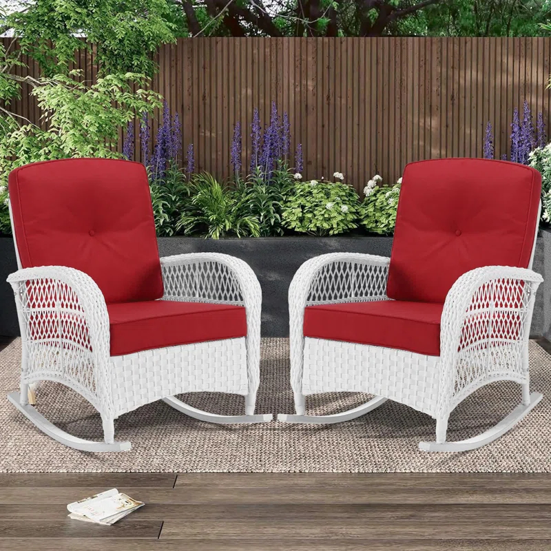Beachcrest Home™ Beachcrest Home Outdoor Wicker Rocking Chairs Set Of 2, Rattan Patio Rocker Chairs With Thick Cushions And High Back, All-Weather Patio Wicker Chair With Safe Rocking Design For Garden, White Wicker